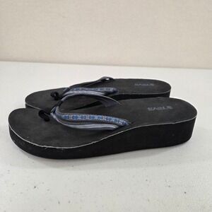 Teva Mush Mandalyn Wedge Sandals Womens 10 Black Blue Platform Flip Flops 4241